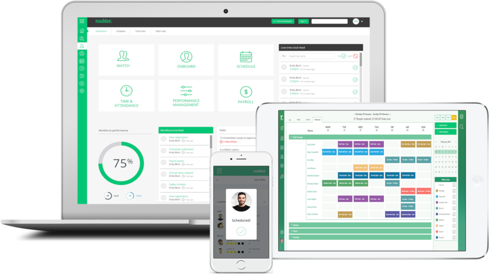 laptop tablet and mobile device large with roubler interface screenshots